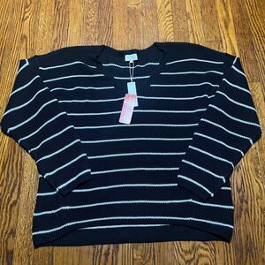 Gentle Fawn Women's L Striped Tucker Sweater Black White V-Neck NWT